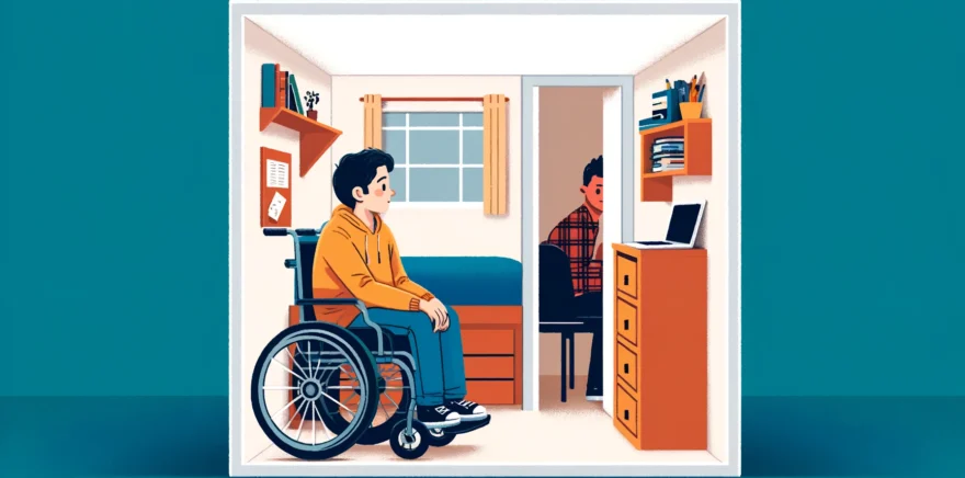 A-narrow-student-dorm-room-that-doesnt-allow-a-wheelchair-to-turn-around.-One-student-is-inside-the-room-but-the-one-in-a-wheelchair-has-to-stay-outs